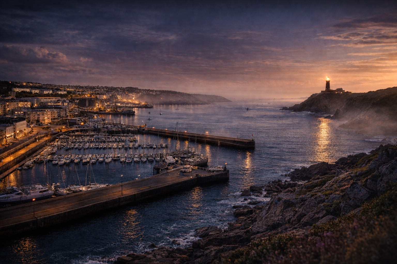 Port de Brest au coucher du soleil — phare du Petit Minou